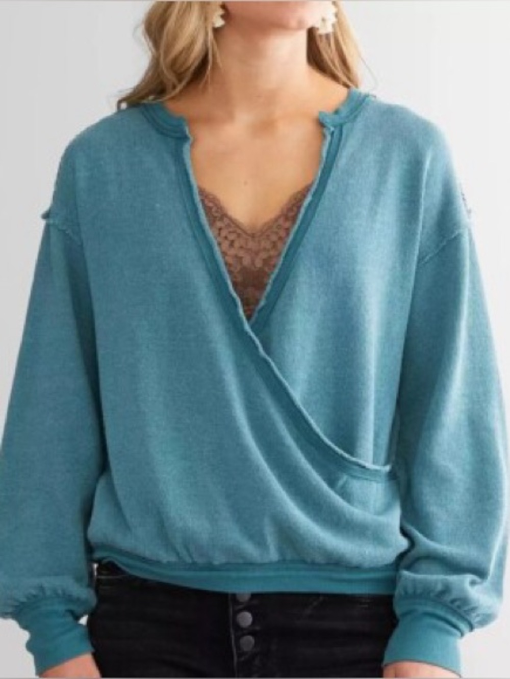 We The Free Teal Green V-Neck Wrap-Style Women's Sweater